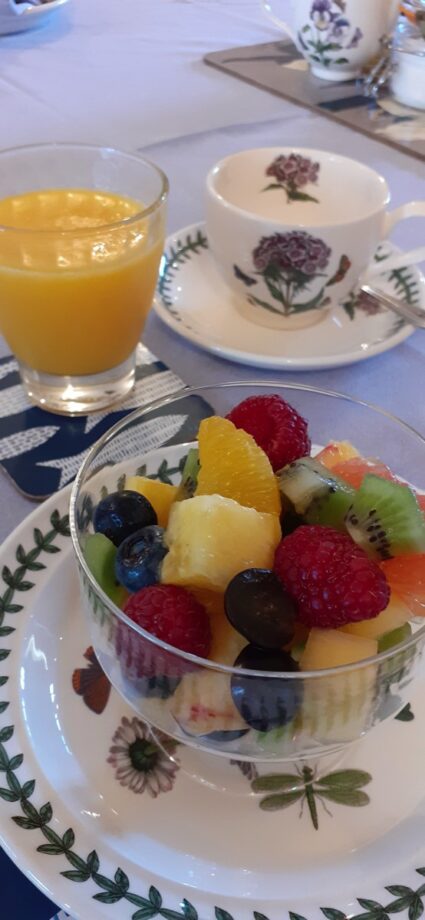 Fresh fruit breakfast with orange juice